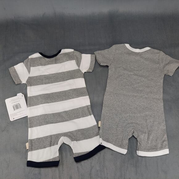 Burt's Bees Baby Boy 2 Pack Organic Cotton Romper Set Gray & Blue Stripes 6-9M - Picture 6 of 7
